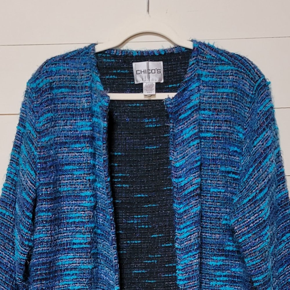 Chico’s Blue Turquoise Knit Open Front Long Cardigan Duster, Chico's Size 2 - Picture 6 of 11